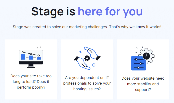 Screenshot of Rock Content Stage site. Stage was created to solve your marketing challenges.