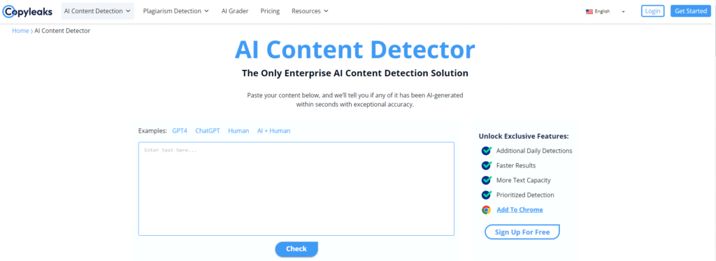 Copyleaks AI مواد کا پتہ لگانے والے کا اسکرین شاٹ