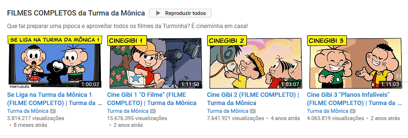 Thumbnails do canal Turma da Mônica
