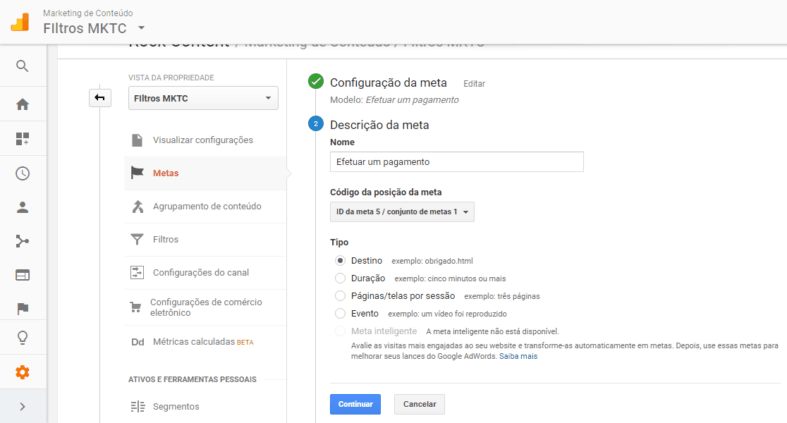 Configuração de meta no Google Analytics 2