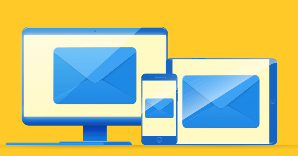 Email marketing responsivo aparecendo na tela de um tablet, celular e computador
