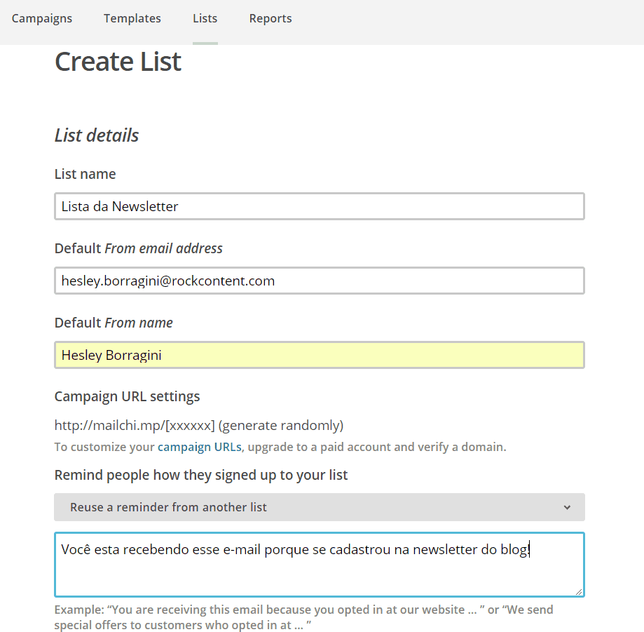Formulário Create List