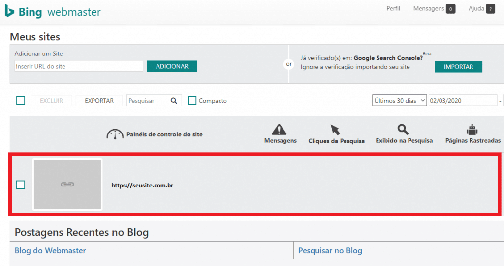 Painel de ferramentas do Bing Webmaster Tools