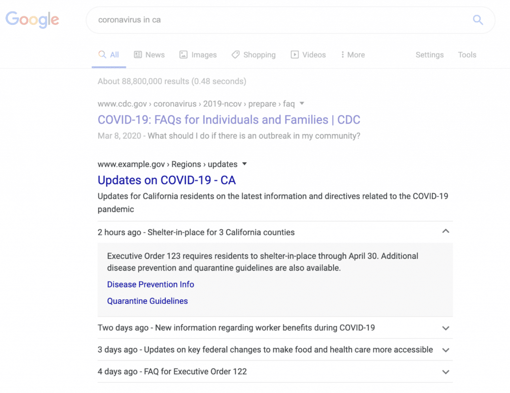 Exemplo de aviso sobre a covid-19 na Pesquisa Google