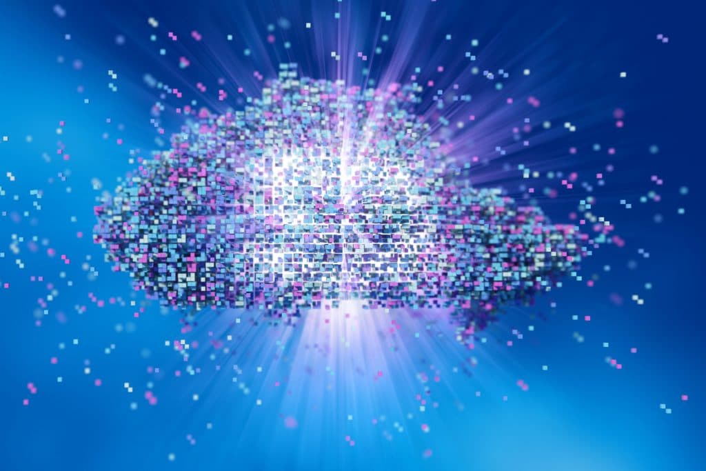 Nuvem formada por pequenos quadrados representando dados tecnológicos