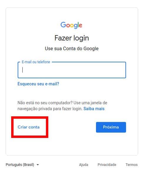 fazer uma conta no google