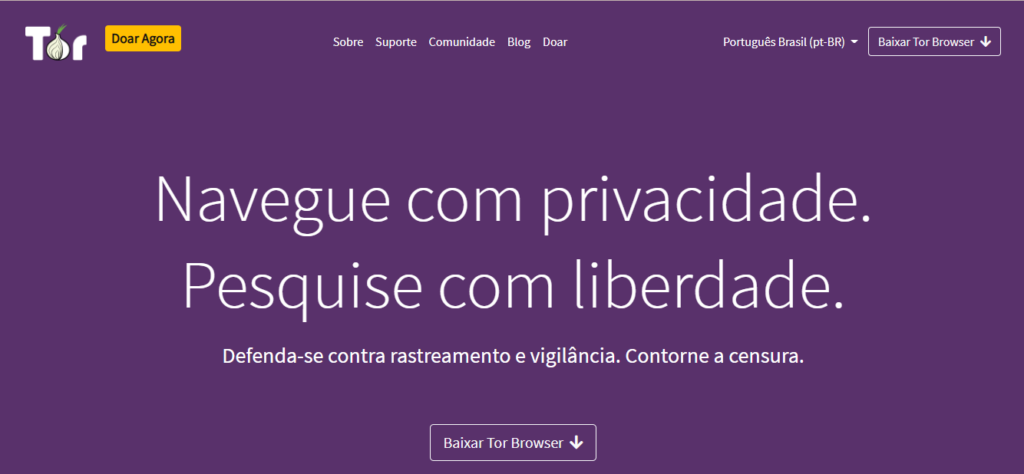 Tela do site do navegador Tor