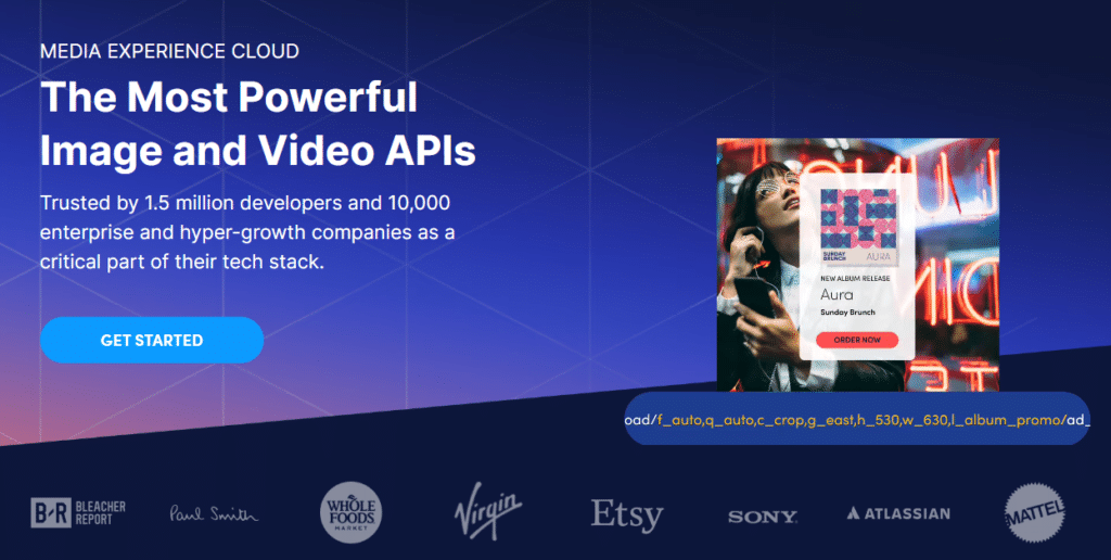 O título do site da Cloudinary diz "A API mais poderosa de imagens e vídeos" com botão de chamada para começar a construir imagens e vídeos com IA.