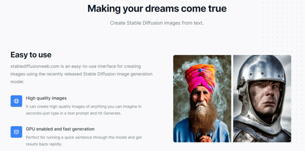 Tela do StableDiffusion, onde diz "tornando os seus sonhos realidade - crie imagens a partir de textos com o Stable Diffusion". Do lado direito, duas imagens geradas com IA.