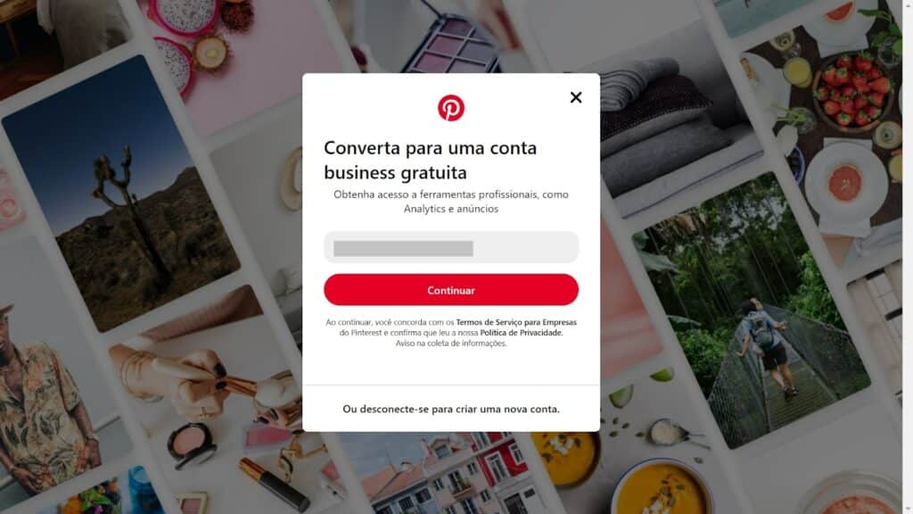 Página inicial do Pinterest para converter para uma conta business
