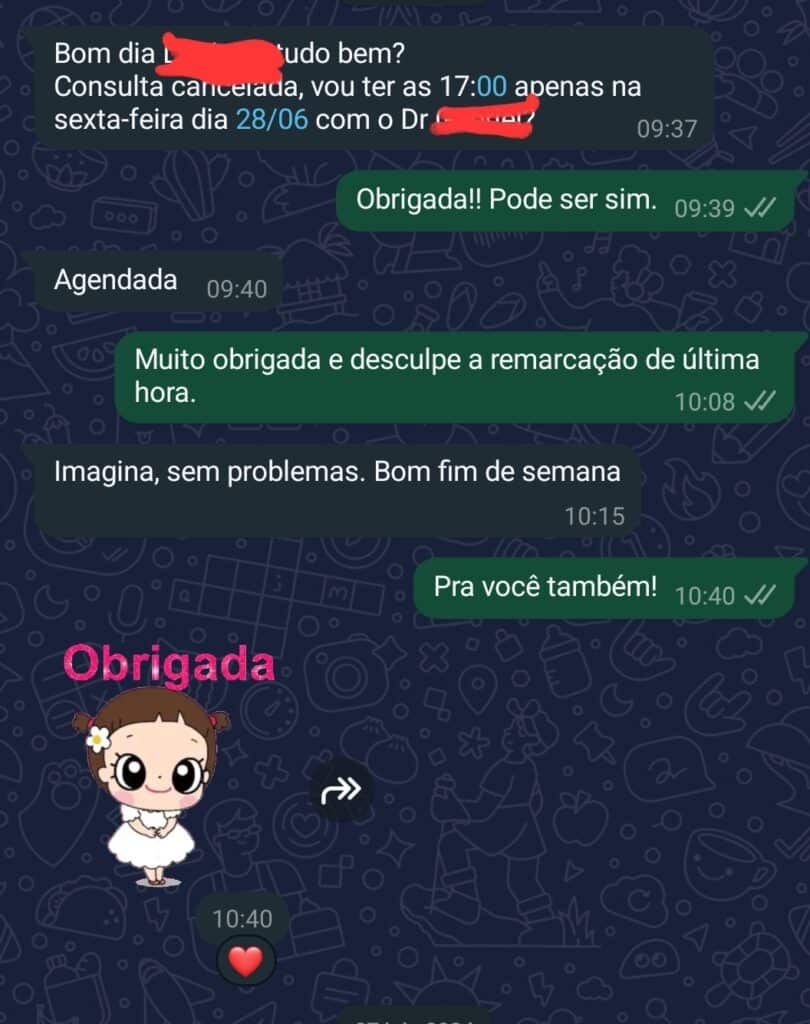 Exemplo de conversa no WhatsApp entre cliente e negócio com uso de figurinhas.