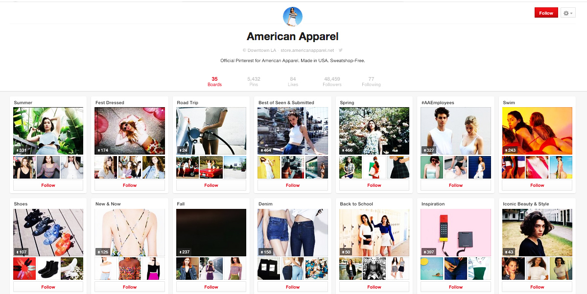 American Apparel curates its content across a number of boards.