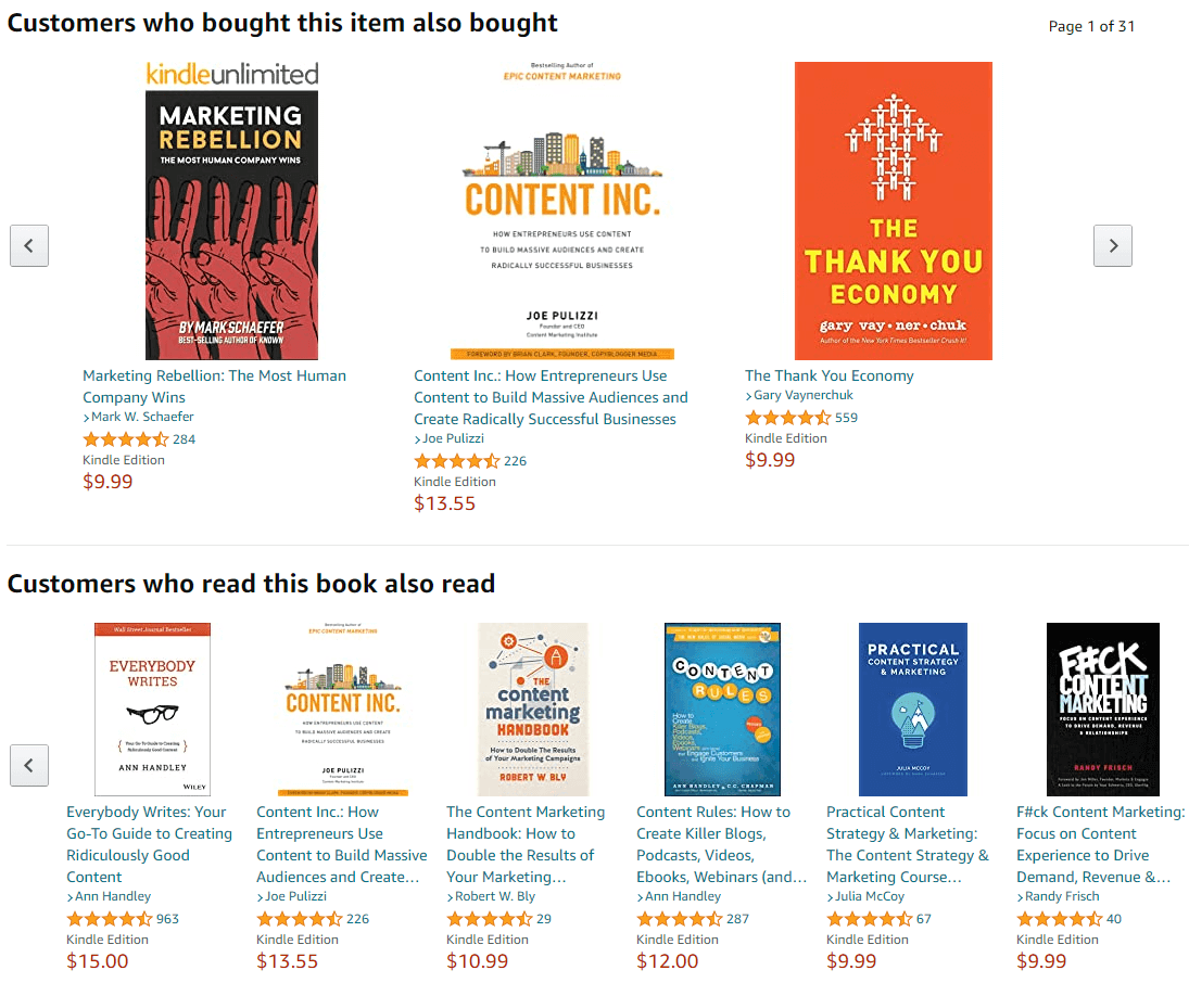 The recommendation system on Amazon showing two sections: "Customers who bought this item also bought" and "Customers who read this book also read"