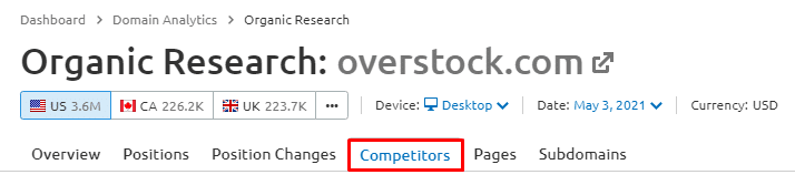"Competitors" tab in SEMrush.