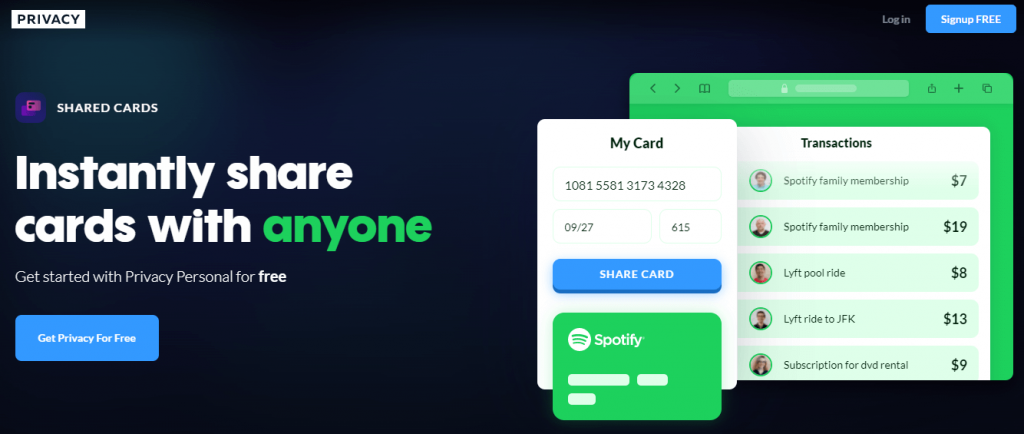 Product landing page example 2: Privacy Shared Cards