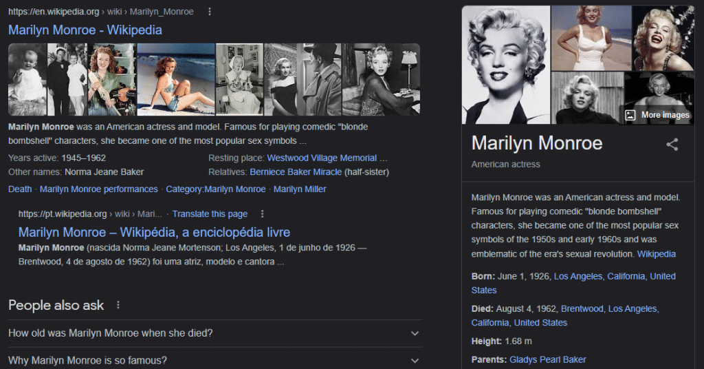 Marilyn Monroe on her Knowledge Panel on Google