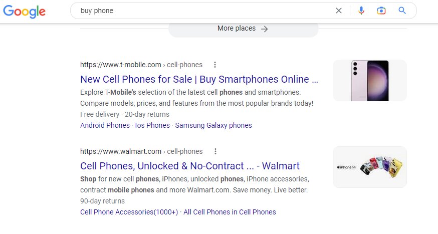 Screenshot of "buy phone" search. T-Mobile and Walmart are top ranking for this keyword in the US