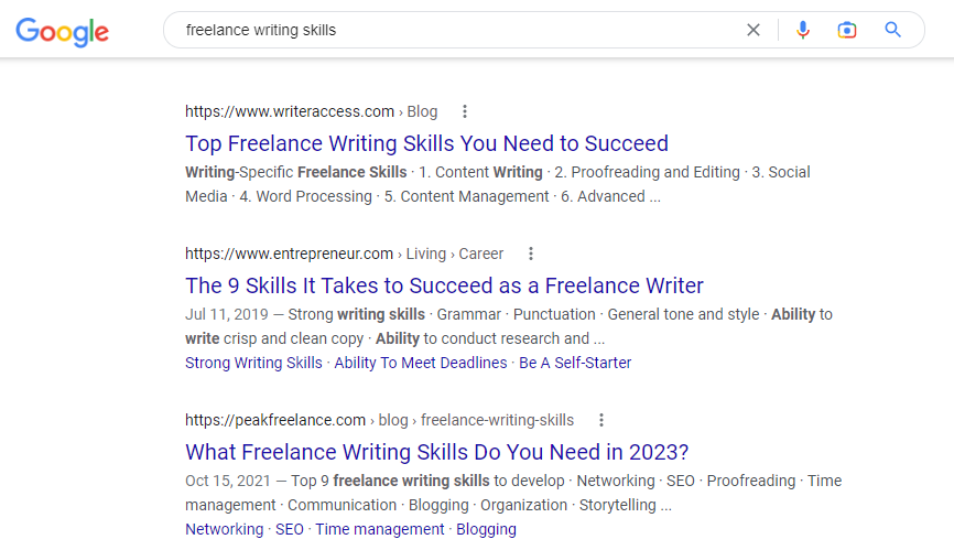 Top ranking sites for the search "freelance writing skills"
