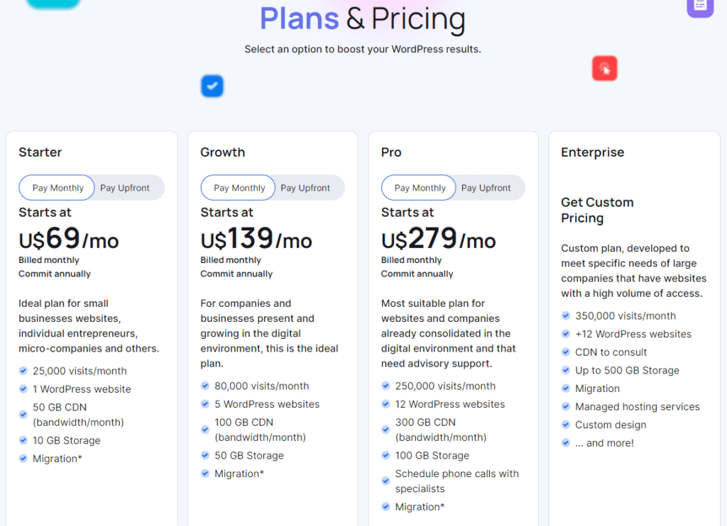 Stage plans and pricing: starter is $69; Growth is $139 and Pro is $279. You can also get custom pricing