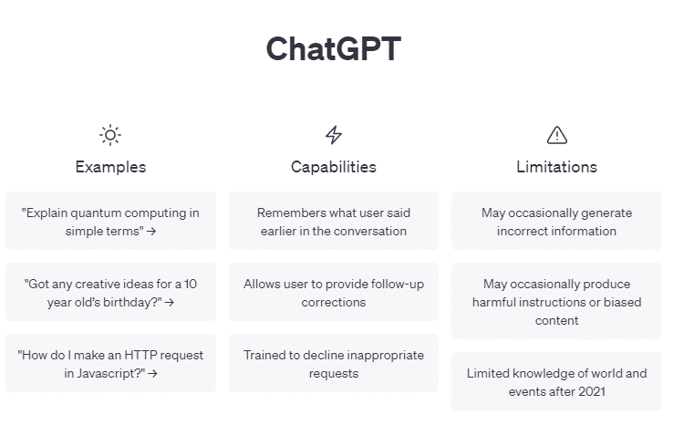 chat gpt screenshot with examples, capabilities and minitations