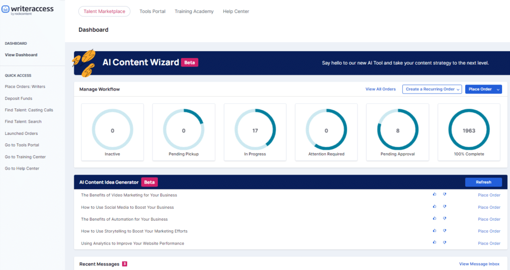 WriterAccess dashboard screenshot