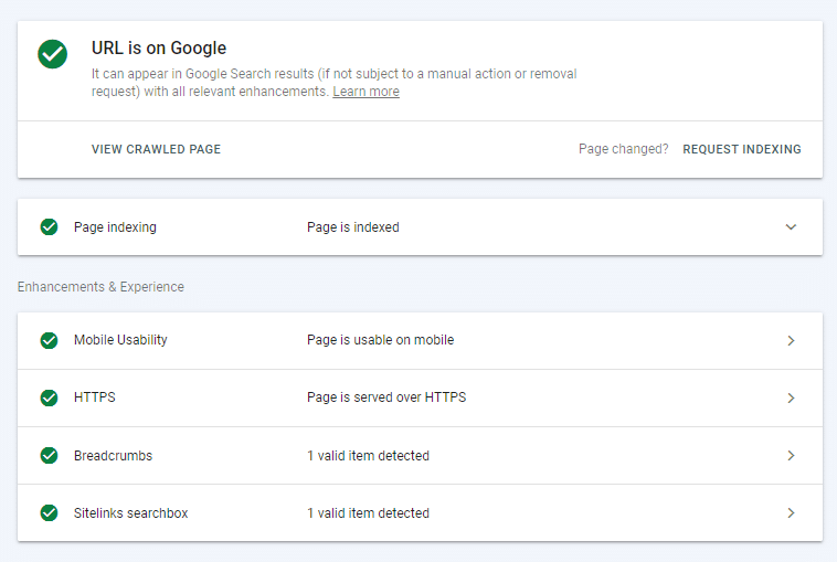 Google Search Console page indexing verification screen