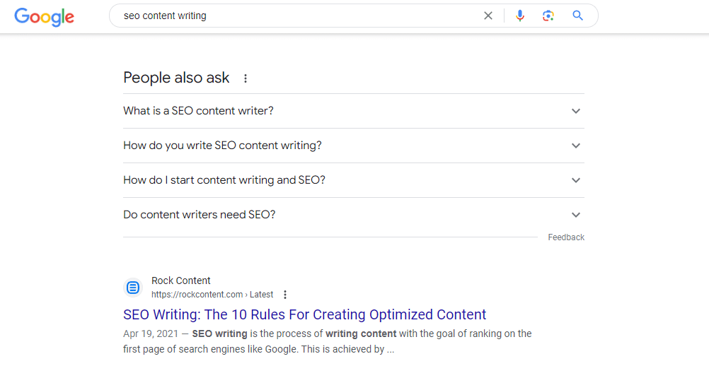Rock Content's article on SEO Writing ranking on Google's first page for the key phrase "SEO content writing"