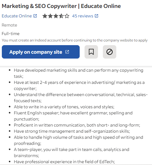 SEO copywriter job description example from indeed