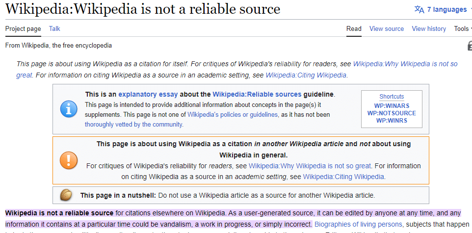 Wikipedia info on its reliability - not a reliable source