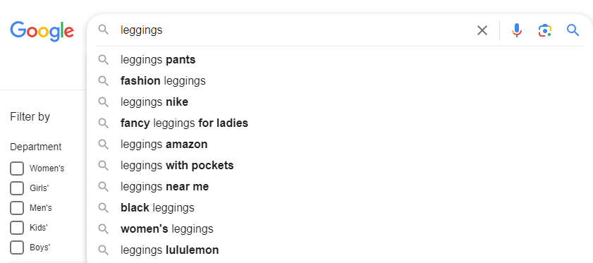 Google search for "leggings"
