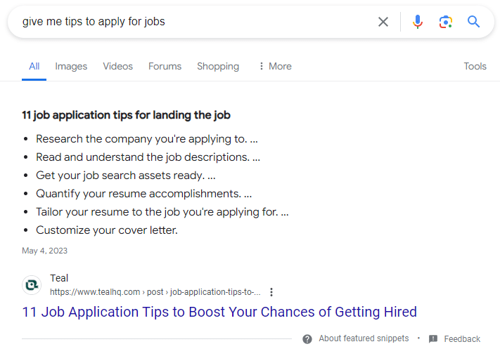 Voice search performed on Google: "give me tips to apply for jobs" returning a few steps to follow