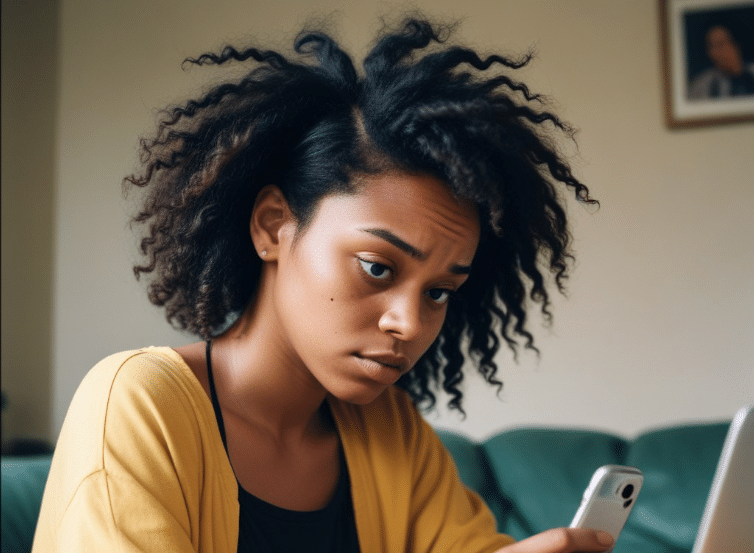 Black woman looking worried to her phone
